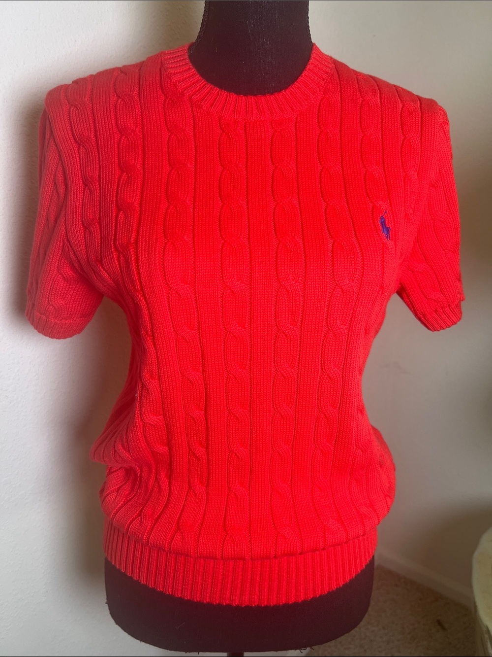 Ralph Lauren Polo Women’s 100% Cotton Cable Knit Short Sleeve Sweater Red NWT L